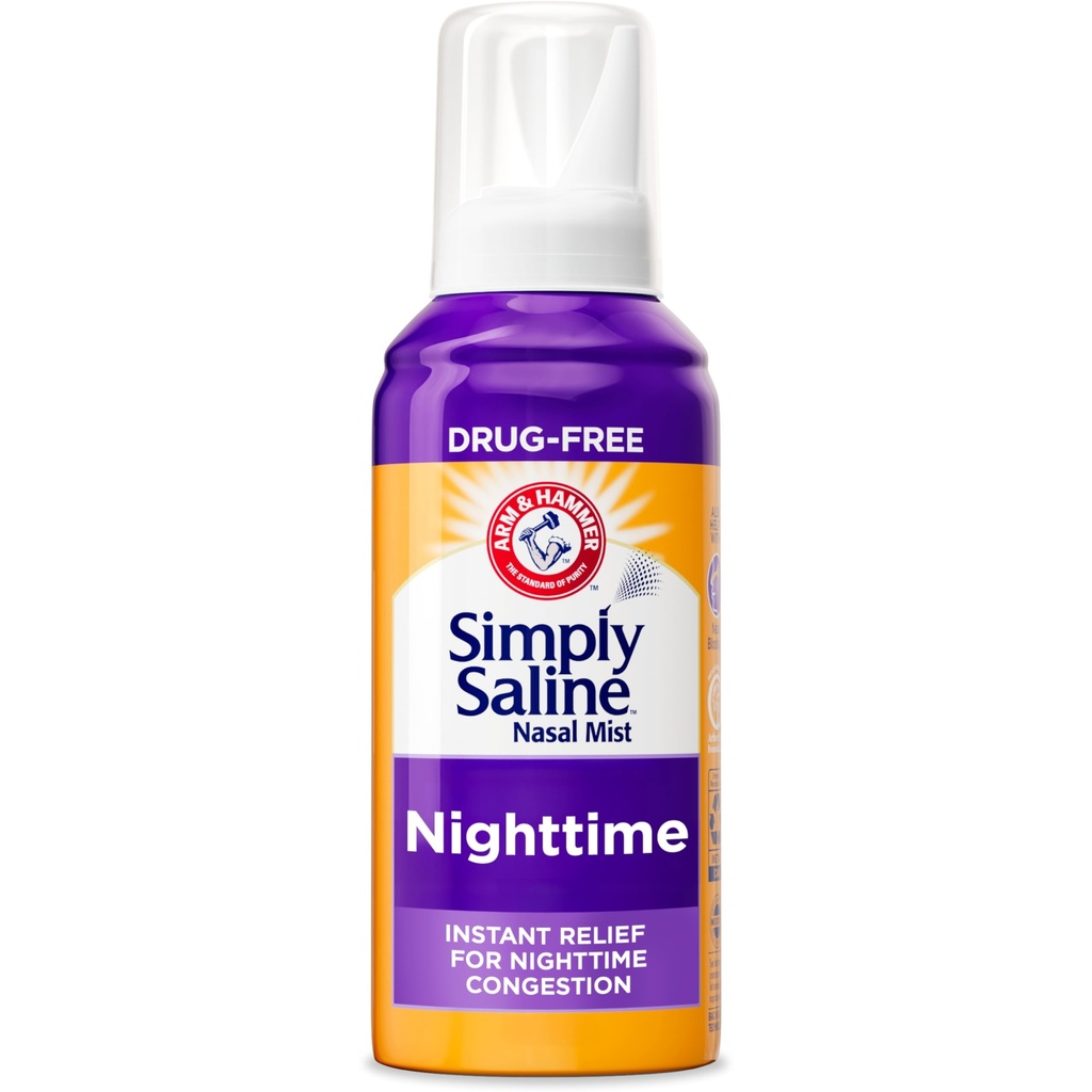 ARM & HAMMER Enkelt Saline Nighttime Drug Free Mist for Nasal Congestion om natten, Extra styrke, beroligende Eucalyptus, trygt å bruke med Rx og OTC, for voksne og barn alder 2+, 4,6 oz (129 g)