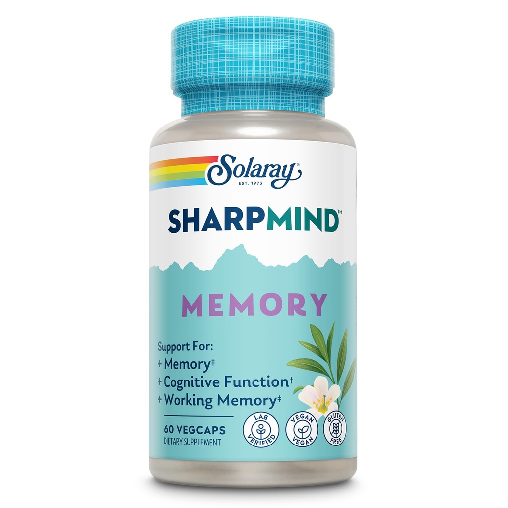SOLARAY SharpMind Memory Formula - Brain Kosttilskudd for hukommelse og fokus - Cognivia, Gotu Kola & Chaga Mushroom Supplement - Ginkgo Biloba Alternativ - 60-dagers garanti - 30 Services, 60 VegCaps