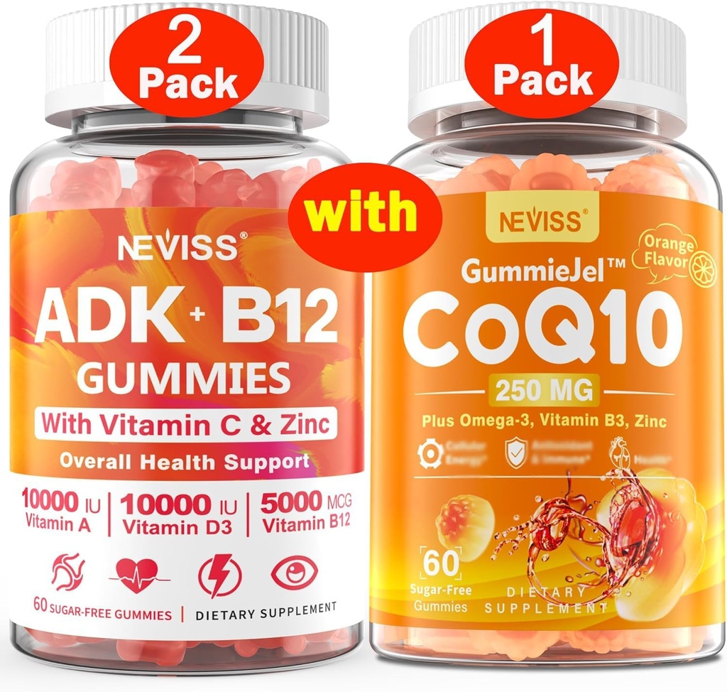 NEVISS 2Pack Vitamin ADK med B12 Gummies + 1Pack CoQ10-250mg Fylte Gummies