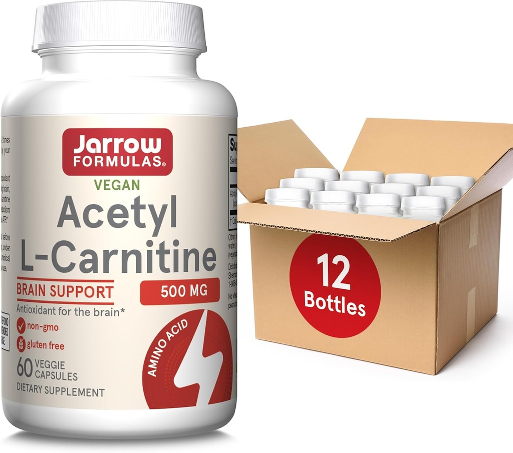 Jarrow Formula Acetyl L-karnitin 500 mg, Diett Supplement, Aminosyre støtte for hjernens helse og antioksidanter, 60 Veggie kapsler, 60 dagers forsyning (pakke med 12)
