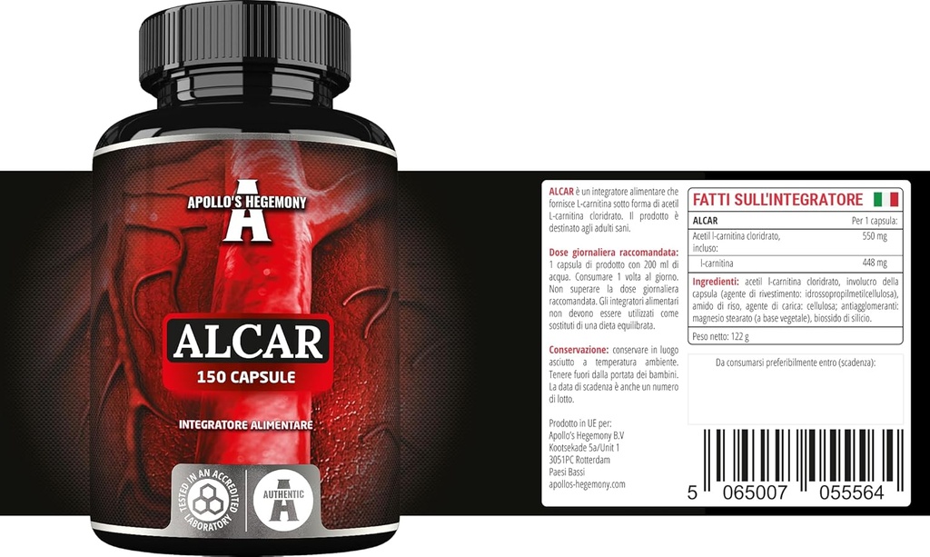 APOLLO'S HEGEMONY Acetyl L-karnitin HCL 550 mg, ALCAR 150 Vegan Kapsler, 5 måneders forsyning, høy styrke Aminosyre Supplement, støtter kognitive funksjoner og energinivå