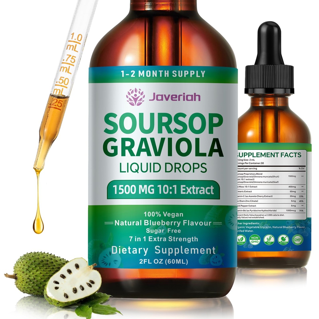 Soursop Graviola flytende dråper Supplement med Sea Moss Extract, Soursop Bitters Flytende for cellestøtte og regenerering, immunitet, lever, Antioksidant, Graviola Leaves Extract 2 måneders forsyning 60ML