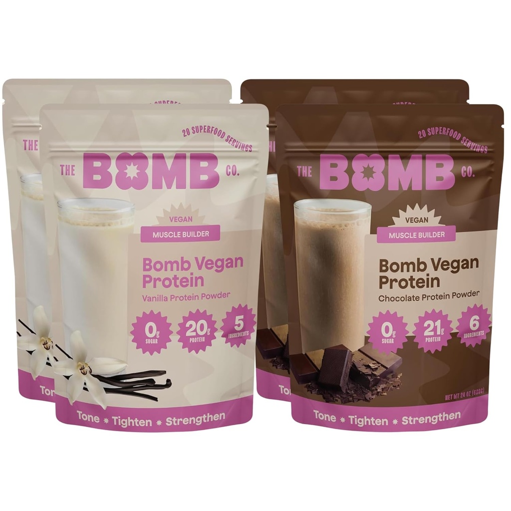Blender Bomber Bomben Co. Bomb Plant Protein, Sjokolade & Vanilla Protein pulver med 21g Protein, Aminosyrer, Zero sukker, Pea Protein, Cocoa, Chia frø, Vanilla & Monk Frukt, 60 Srvgs