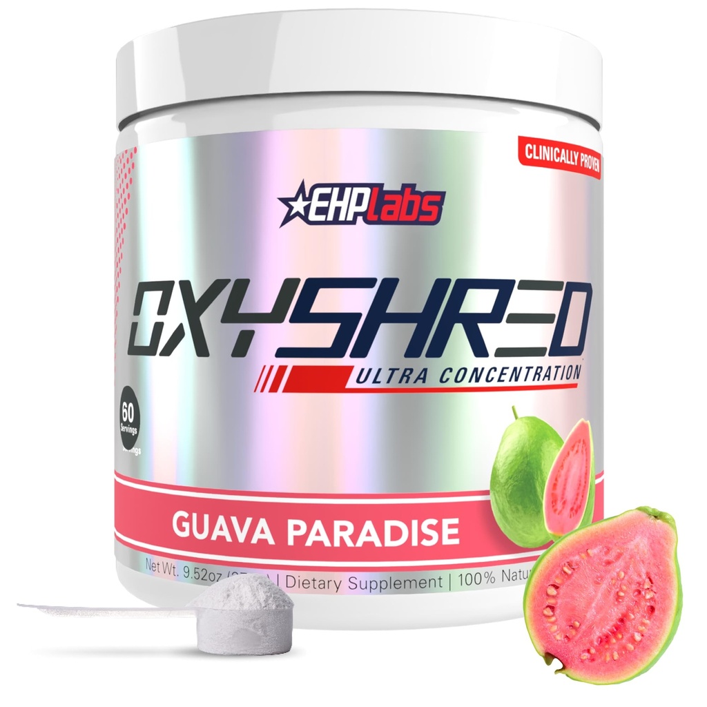 EHP Labs OxyShored Pre Trening pulver & Shredding Supplement - Preworkout pulver med L Glutamin & Acetyl L karnitin, Energiforsterkning Drikke - Guava Paradise, 60 Serverer