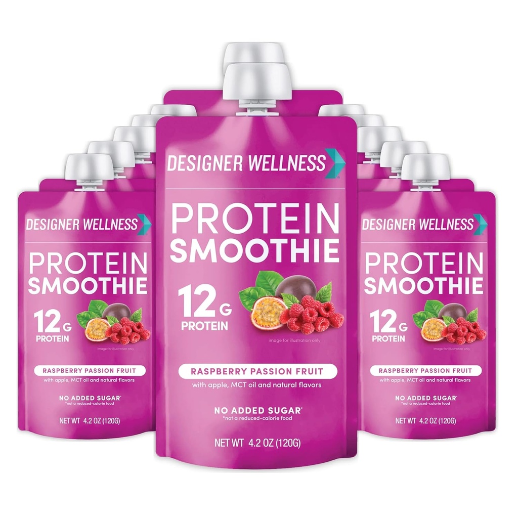 Designer wellness protein smoothie, ekte frukt, 12g protein, lav karbohydrat, null tilsatt sukker, glutenfri, ikke-GMO, ingen kunstige farger eller flavors, bringebær lidenskapsfrukt, 12 greve