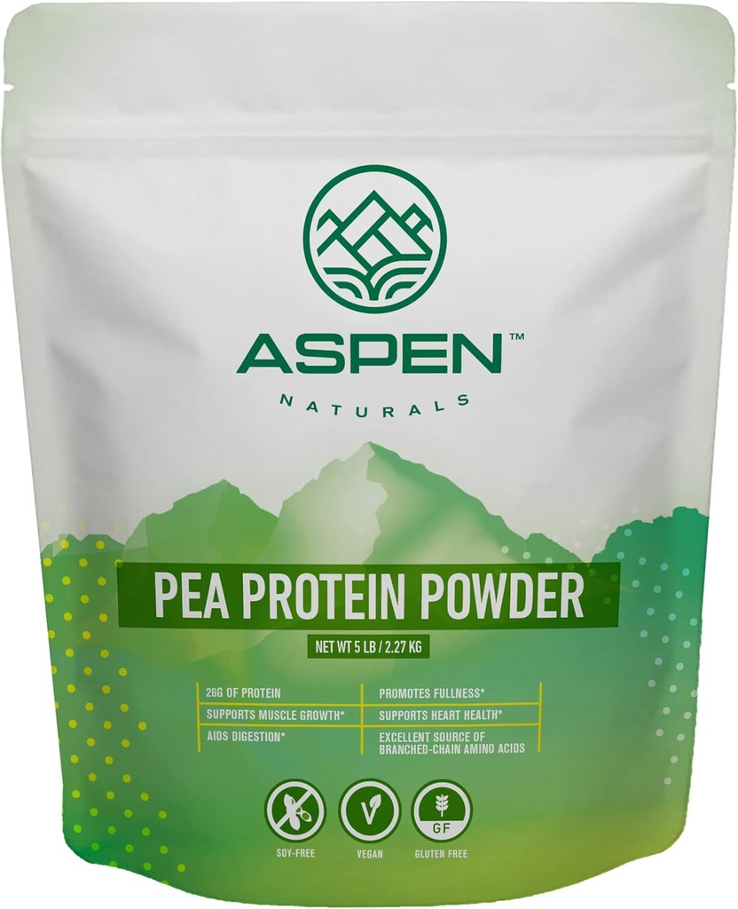 Aspen Naturals Pea Protein Powder 5 Lb - Muskelvekst, Digestion, Fullhet og hjerte helse støtte | Unflavored, Plant Basert, Soja- & Glutenfri, Ikke-GMO, Vegan, Keto & Low Carb | 26g Protein