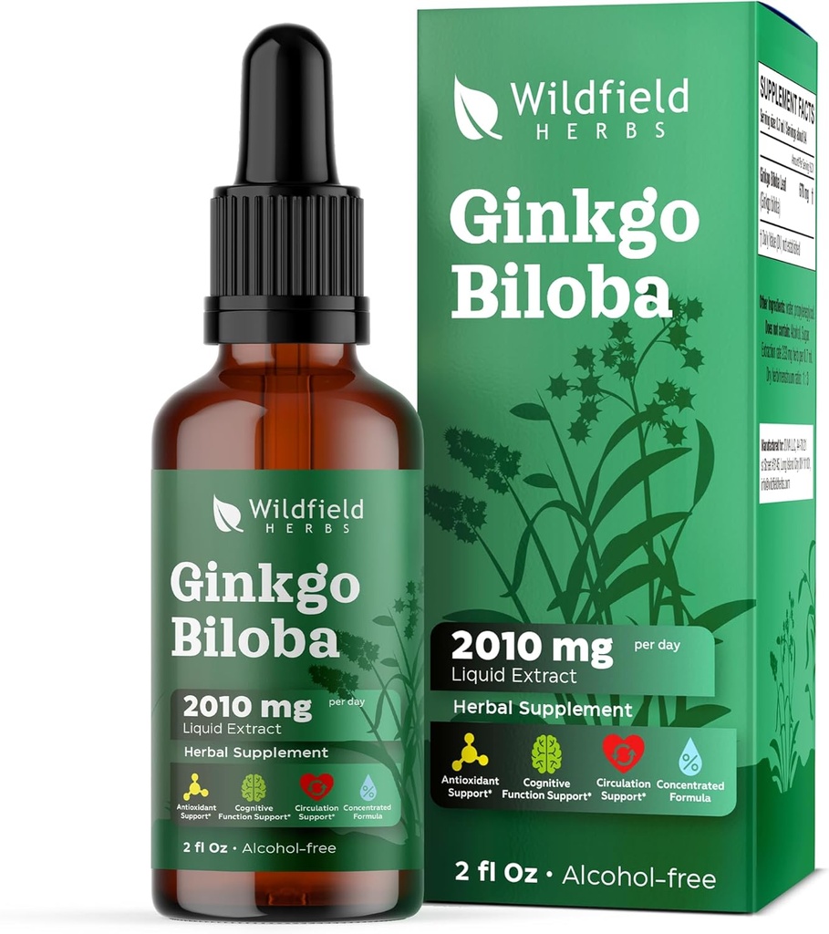Ginkgo Biloba Extract Drops Flytende 2000mg (Ginkgo biloba L.) Herbal Supplement Absorbs bedre enn kapsler, 1 måneds forsyning, 84 serveringer, alkoholfri tinktur - 2 Oz, Pakke med 1