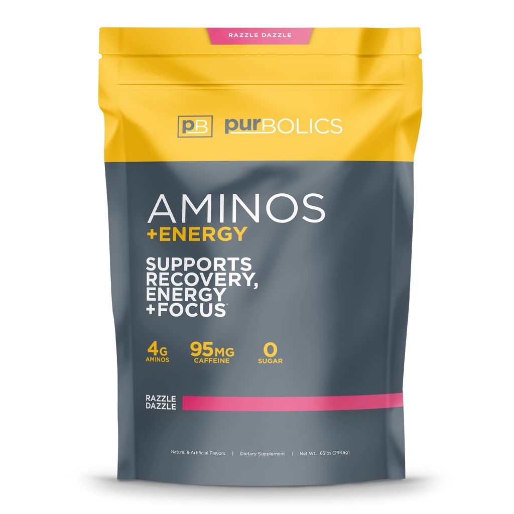 Purbolics Aminos + Energi | Støtter gjenoppretting, energi og fokus | 95 mg koffein, 0 sukker og 60 serveringer (Razzle Dazzle)