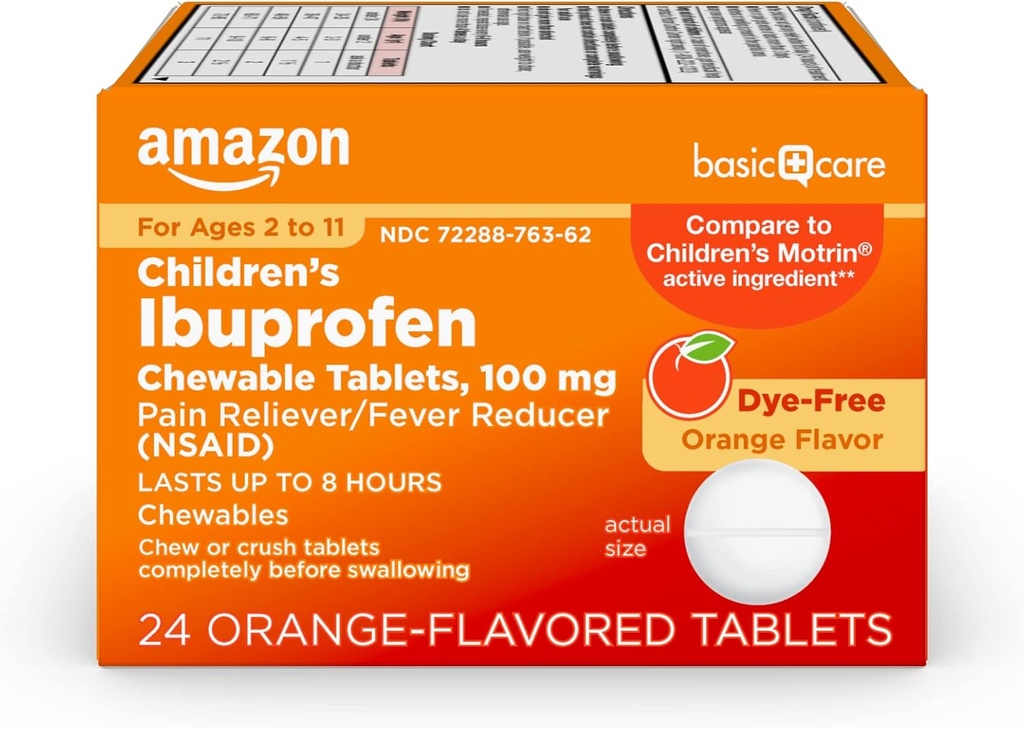 Basic Care Barns Ibuprofen Chewable tabletter, smerter Reliever og feber Reduser, Orange Flavor, alder 2-11, varer opp til 8 timer, 100 mg, 24 teller