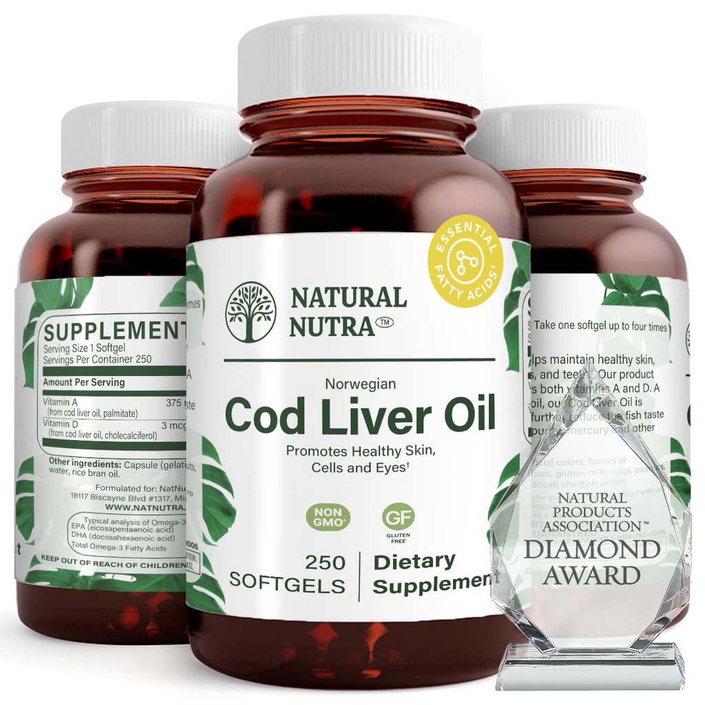 Naturlig Nutra Norsk Cod Leverolje Supplement, bidrar til å opprettholde huden, bidrar til å opprettholde kroppstetthet, øyehelse og nervefunksjon, fremmer tannhelse, støtter kardiovaskulær helse, 250 Softgels