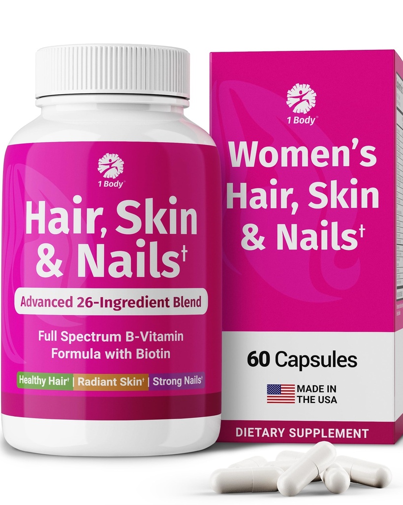 1 Kroppshår Hud og negler Vitaminer med Biotin – Hårvekst Supplement for kvinner og menn med 26 vitaminer, Mineraler og urteekstrakter – Sterkere hår, sunn hud og negler – 60 Vegankapsler