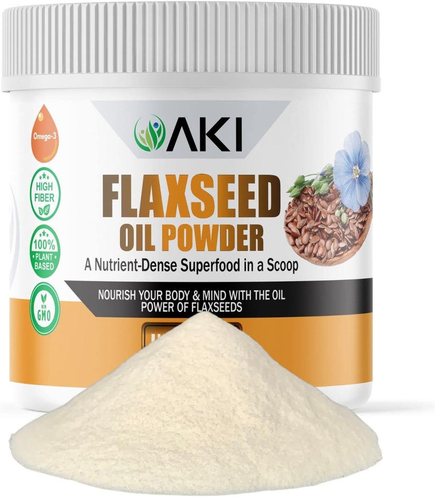 AKI Flaxfrø Oljepulver - pakket med essensielle næringsstoffer som omega-3 fettsyrer, fiber, & lignaner - Gratis fra kunstige tilsetningsmidler, laget med ideelle kvalitet ingredienser (5.30oz / 150g)