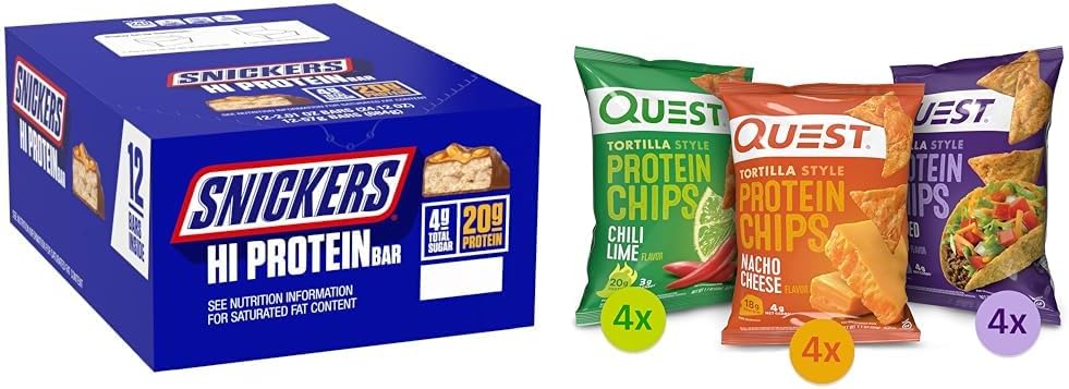 SNICKERS Hi Protein Peanut Caramel Bar bulk boks, Quest Tortilla Protein Chips Variety Pack