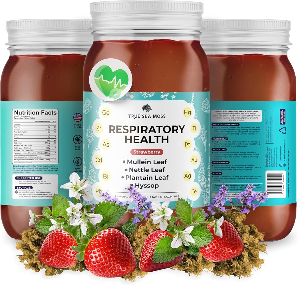 TrueSeaMoss Pro-Line Gel - Respirasjonshelse - 5 + Flavors - Fruit Gel med Premium Sea Moss & Kalium - Vegan-vennlig - Vitamin & Mineral Rich Supplement - laget i USA (Strawberry, Pakke med 1)