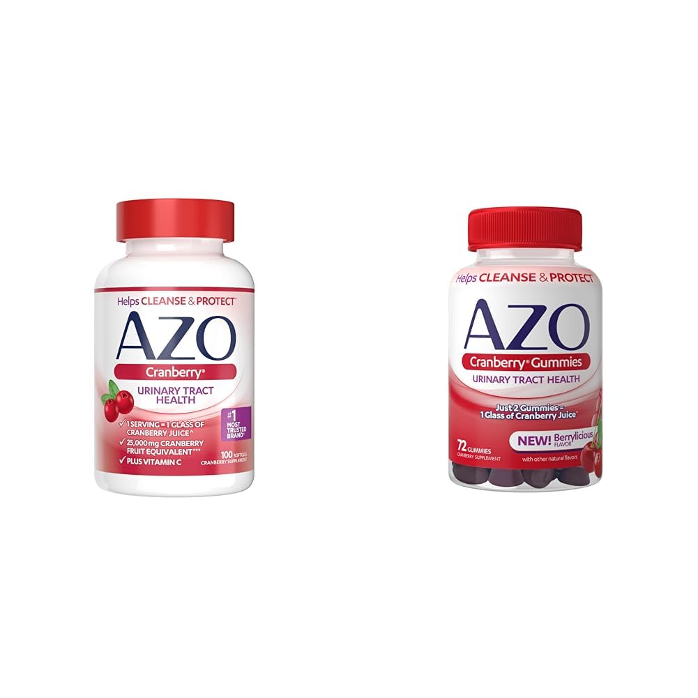 AZO Cranberry Urin Tract Helse Softgels & Gummies, 1 Softgel/Gummy = 1 Glass Cranberry Juice, Sukkerfri, Ikke-GMO, 100 Softgels & 72 Gummies