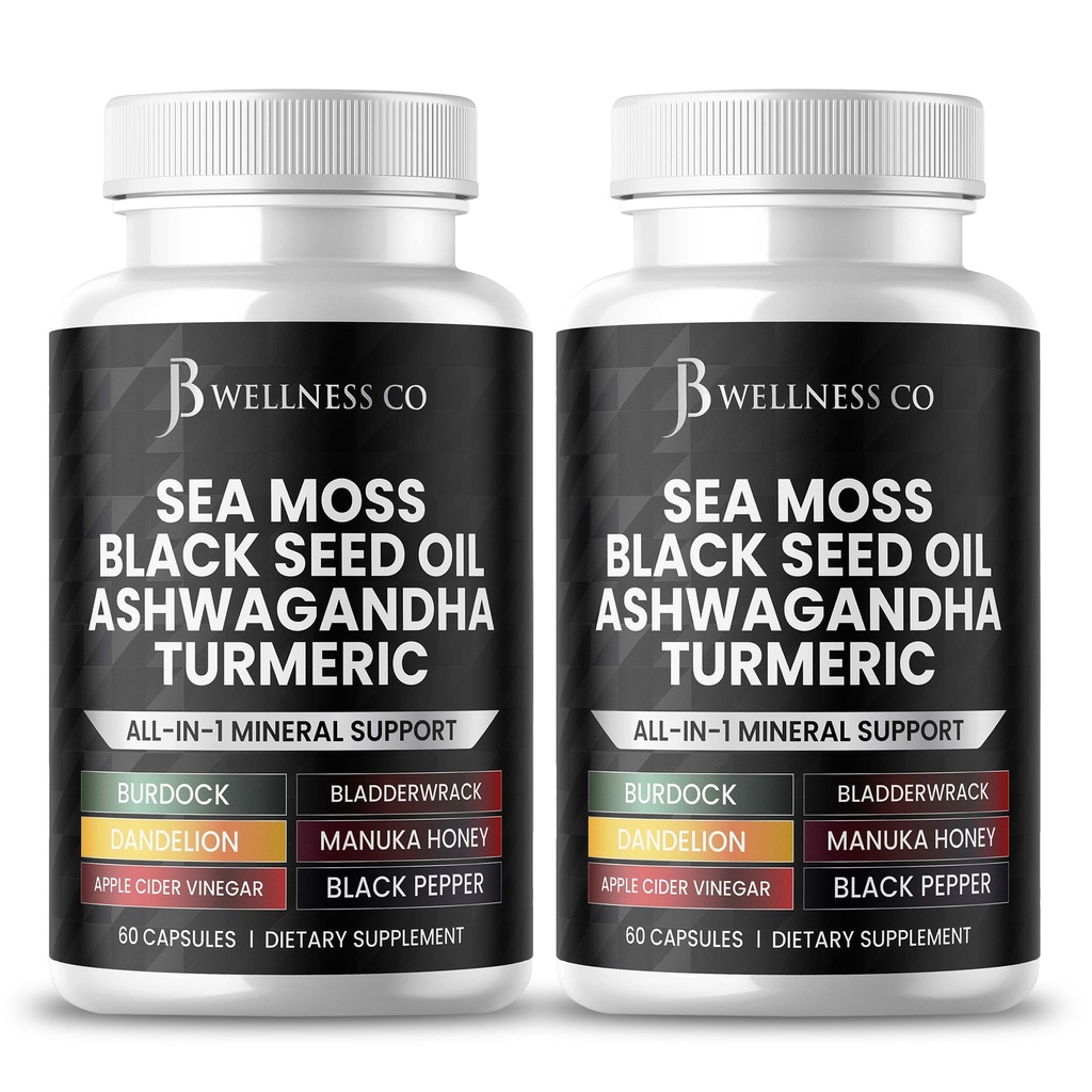 Sea Moss Svart Seed Olje Ashwagandha Turmeric Bladderwrack Burdock - med Manuka, Honning Dandelion, ACV Svart Pepper Glutenfri- 120 greve