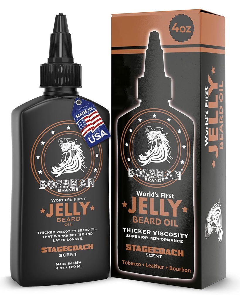 Bossman Jelly Beard Olje til menn (4 oz, Stagecoach Scent) - Softenser, Moisturizes og betingelser med naturlige ingredienser