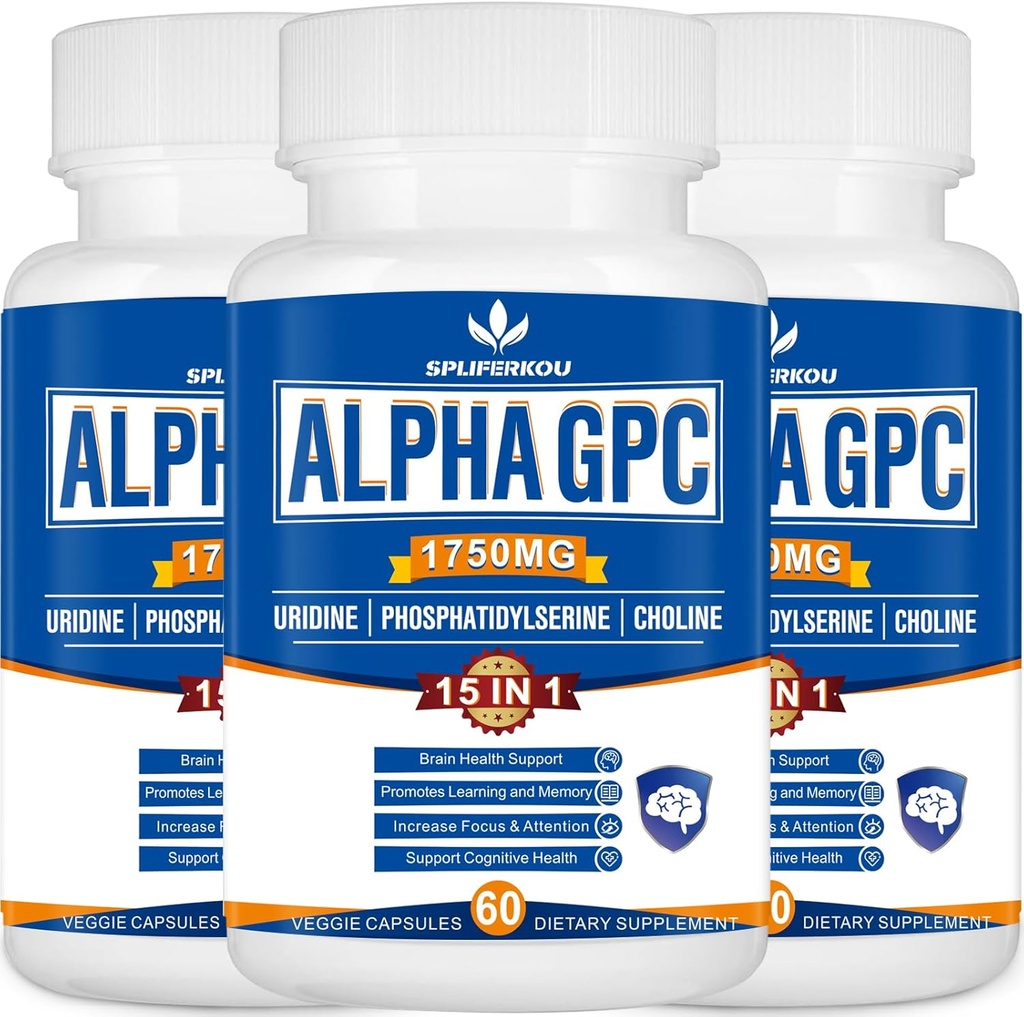 15-i-1 Alpha GPC Supplement med fosfatidylserin, uridin, L-theanin, Lion's Mane Mushroom, 180 Kapsler