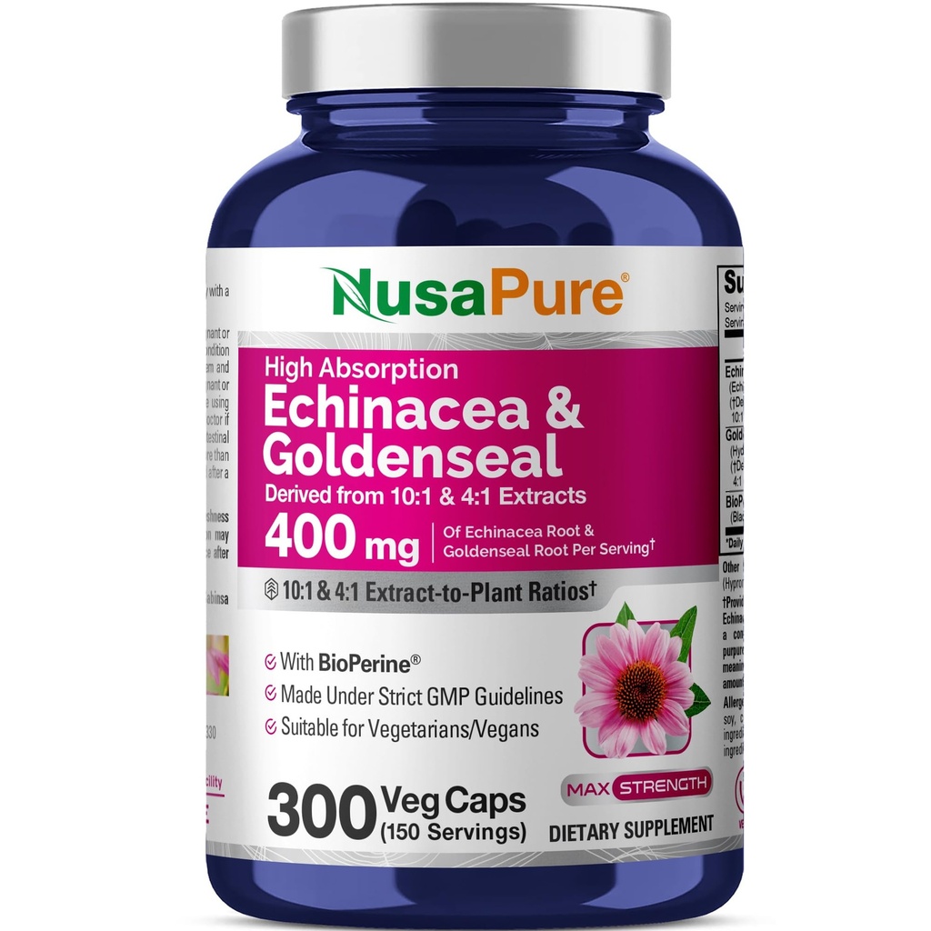 NusaPure Echinacea Goldenseal 200mg, (Extract 10:1, tilsvarende 2.000mg), 200mg, (Extract 4:1, tilsvarende 800mg) - 2800mg 300 Veggie Caps (Vegetarian, Non-GMO, Vegan)