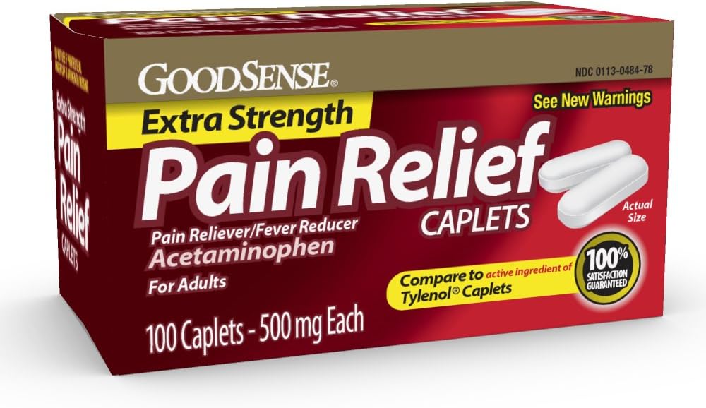 GoodSense Extra styrke smertelindring - Acetaminophen Caplets 500 mg - hodepine, muskelsmerter, ledgikt lindring, 100 greve