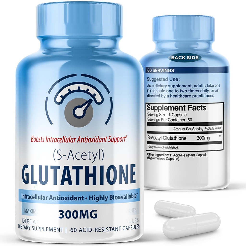 S-Acetyl L-Glutathion 300mg – 60 syreresistante kapsler, høy biotilgjengelighet S Acetyl glutathion kosttilskudd for lever og hud helse, Supplement Antioksidant støtte kapsler