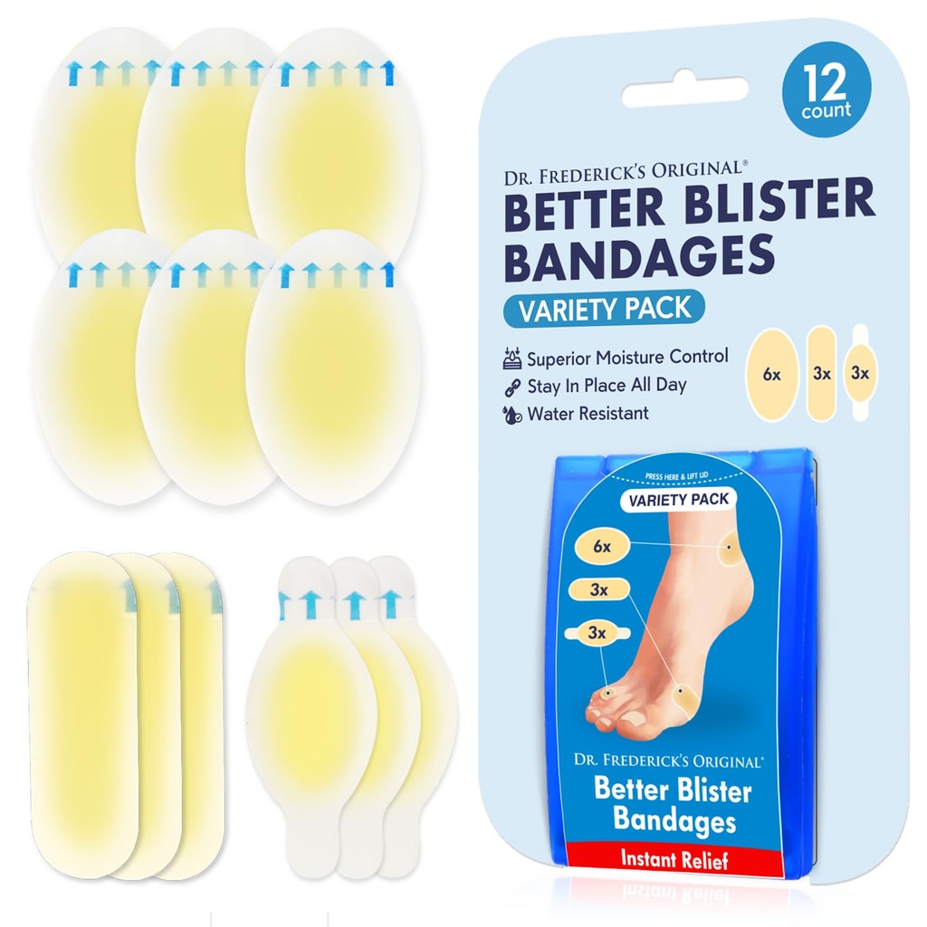 Dr. Fredericks opprinnelige bedre blenderbandages - 12ct - Vannmotstandsdyktig - 40% Mer Cushining - Hydrokolloid bandages for fot, tå, & hæl - Blester pads for forebygging og gjenoppretting - Variety Pack