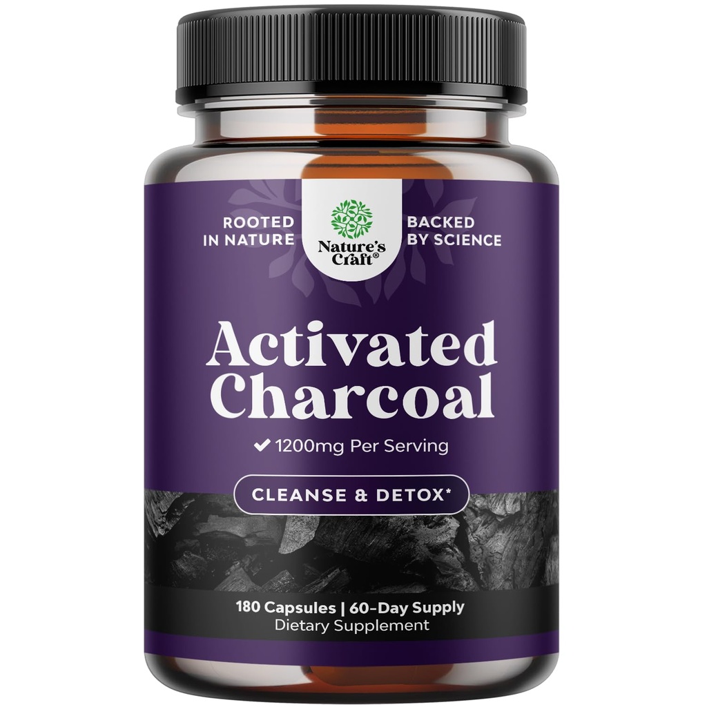 Natures Craft Aktivert Charcoal Pills Detox & Cleanse - rengjøring Coconut Capsules med 1200 mg Per servering for Bloating Relief - Active Detox Supplement for kroppen & Gut helse -180 Antall
