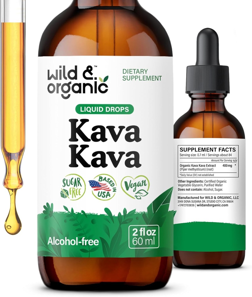 Wild & Organic Kava Kava Tinktur 400 mg - Mood Support Supplement - beroligende rot ekstrakt flytende dråper - 2-måneders forsyning - Vegan, sukker og alkohol-fri drops - 2 fl oz