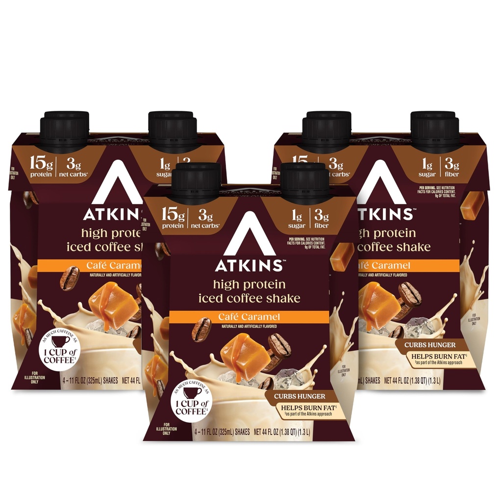 Atkins Café Caramel Iced Kaffe Flavored Protein Shake, høy proteinshake, lav glykemisk, lav carb og lav sukker, ketovennlig, Glutenfri, 12 greve