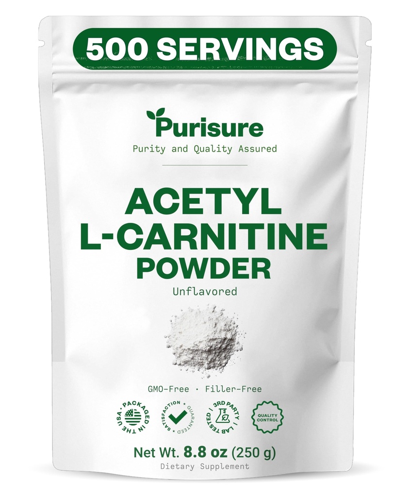 Purisure Acetyl L-karnitin pulver, 250g, Alcar pulver, Aminosyre Supplement, Acetyl L-karnitin Supplement for bedre kognitiv ytelse og muskulær utholdenhet, glutenfri, ikke-GMO, 500 Services