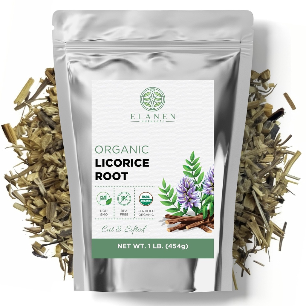 Elanen Naturals Organic Licorice Root 1 lb. (16 oz.), USDA sertifisert organisk Licorice Root Te, Licourice Bulk Chopped, Liquorice, Raiz de Regaliz Licrice, Glycyrhiza glabra, Cut & Sifted
