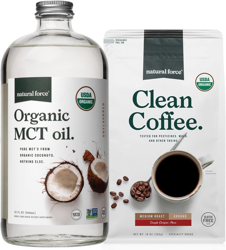 Natural Force Organic Ground Clean Coffee + Organic MCT Oil Bundle - 100% ren kokosnøtt MCTs & Mold & Mycotoksin Gratis kaffe - Ikke-GMO, Keto, Paleo, og Vegan - 10 Oz Bag og 32 Oz Glass Flaske
