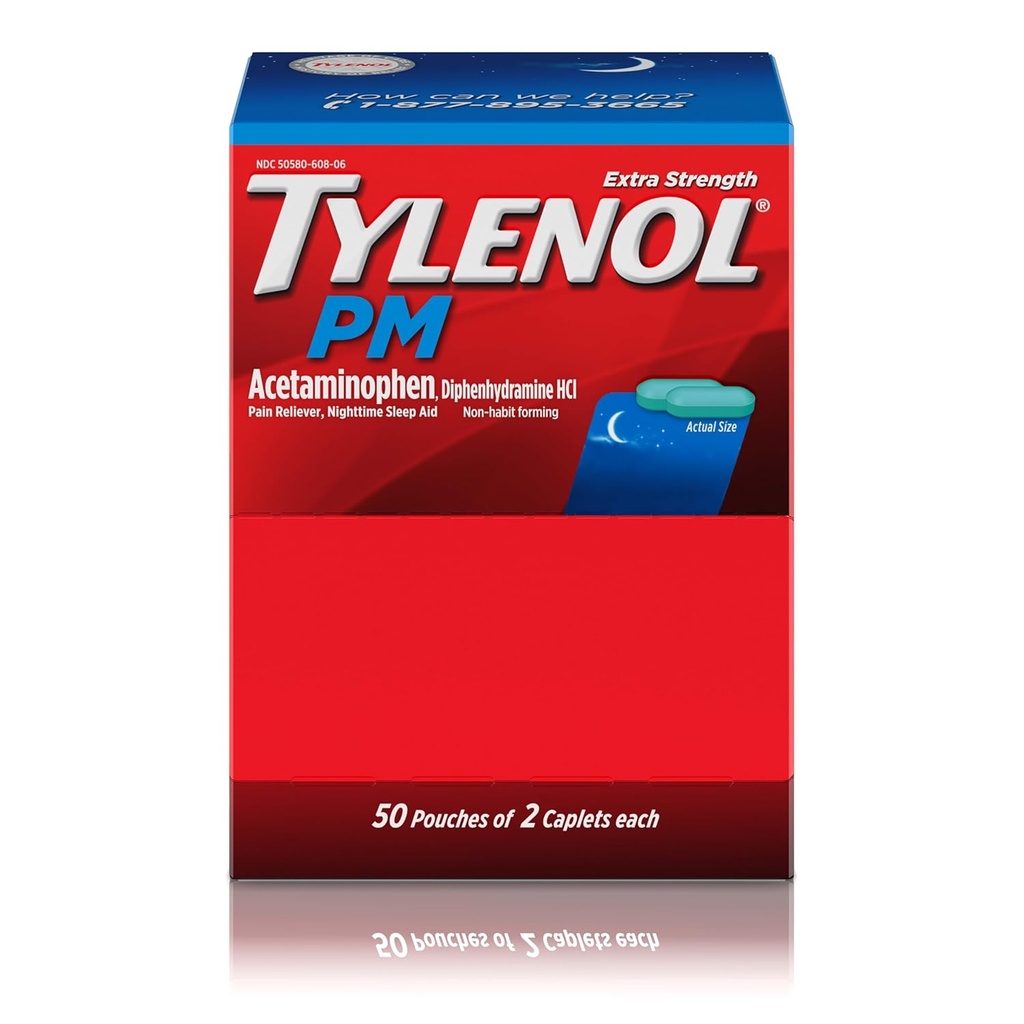 Tylenol PM Extra Styrke Natttid Smerte Relief Sleep Aid Caplets med Acetaminophen & Diphenhydramine HCl, Relief for nattesmerter og smerter, Reisestørrelse, 50 Pakker av 2 Caplets