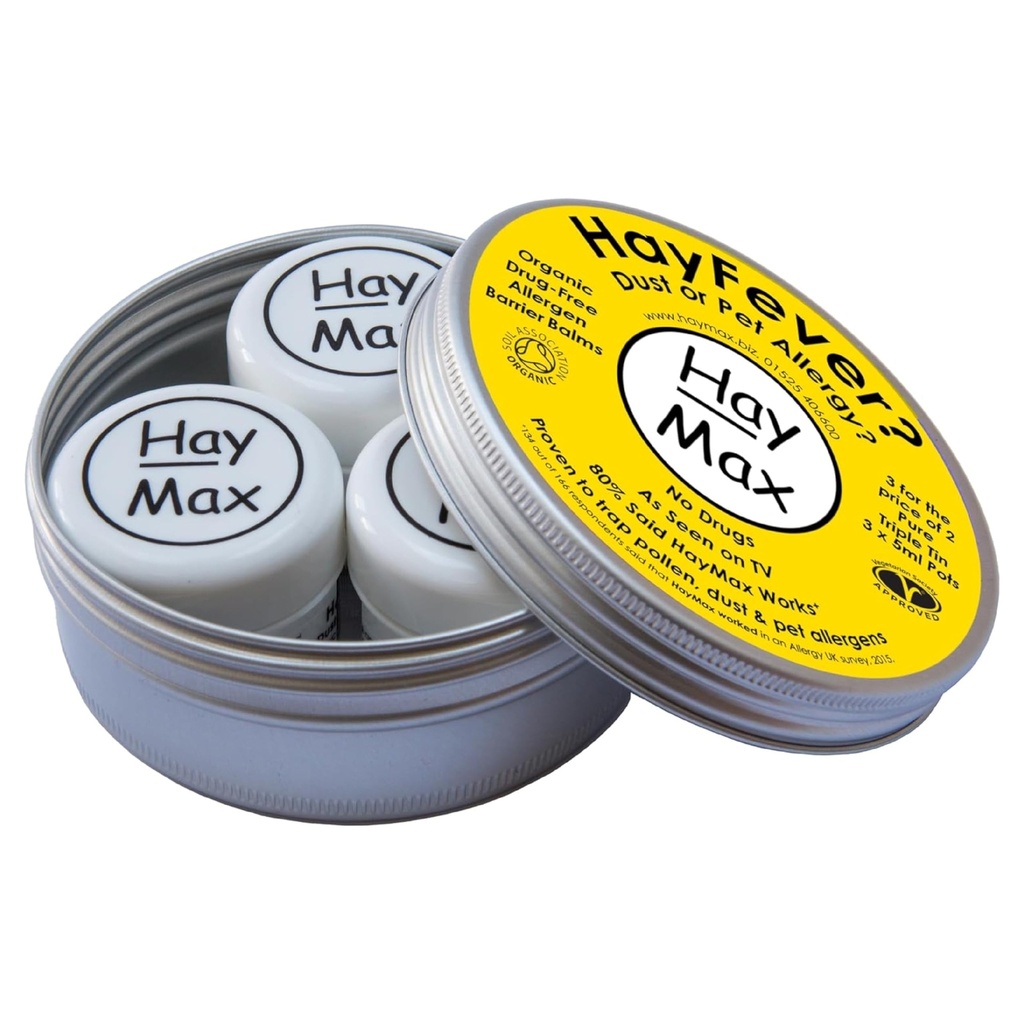HayMax Allergen Barrier Balm Triple Tin Pure - Pakke med 3 - organisk, naturlig og ikke-Drowsy Hay Fever & Allergi Relief Balm - Trapper Pollen, Støv og andre Allergen Partikler - Søk rundt Nese & Øye
