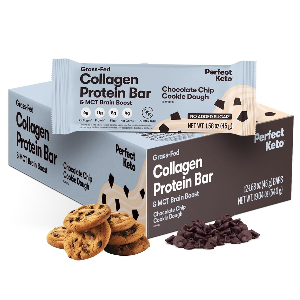 Perfekte kollagenproteinbarer, Glutenfri Gras Fed Collage + MCT Olje, lav carb, Ingen sukker tilsatt, høy proteinsnacks, keto diett matvarer, 11g protein, 18g fett, 3g netto carbs, sjokolade chip, 12 barer