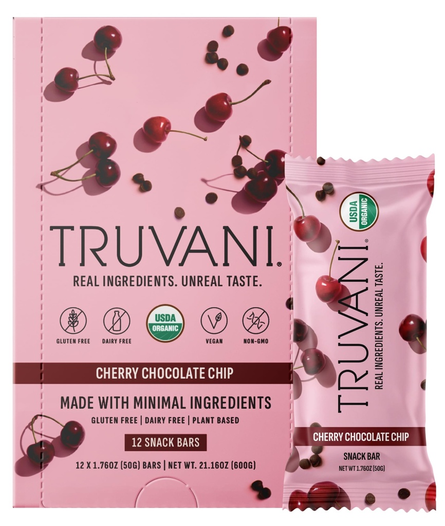Truvani Plant Basert Snack Bars Cherry sjokolade Chip 12 Pack | 5g Protein | USDA organisk og vegansk | Den eneste baren | Dairy, Soja, og Glutenfri | Individuelt omringet