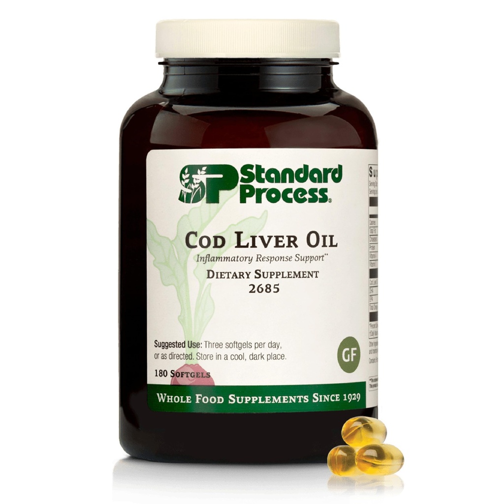 Standard prosess Cod Liver Oil - Bidrar sunn hud og øyne med Omega-3 fettsyrer og vitaminer A og D - Bein og tannhelse Helsestøtte - Glutenfri, ikke-dampende og ikke-søy - 180 Softgels (60 serveringer)