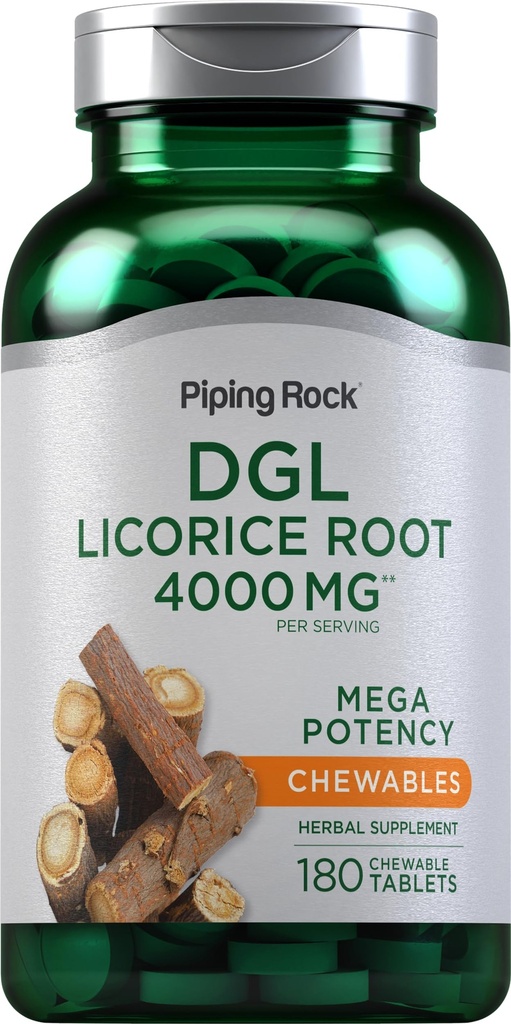 Piping Rock DGL Licorie Chewable tabletter 4000mg | 180 greve | Mega Potency Deglycyrhisinated | Herbal Extract Supplement | Vegetarisk, ikke-GMO