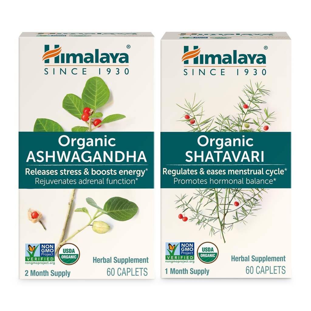 Himalaya Organic Ashwagandha for energistøtte Plus organisk Shatavari for PMS, Menstruell Cramp Relief & Menopause Support, 60 Kapsler Hver – 2 Produkt Bundle
