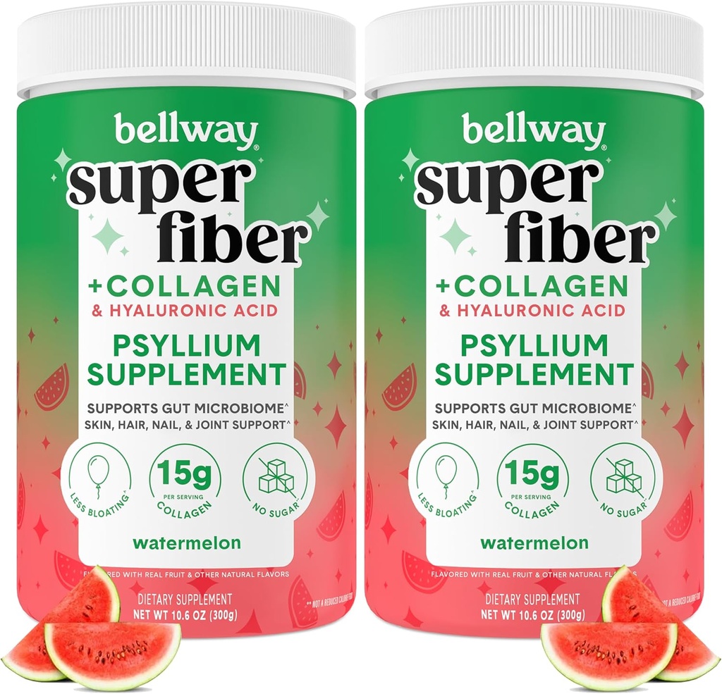 Bellway Super Fiber pulver + Collage (2 Pack), sukkerfri Psyllium Husk pulver med collagen Peptider og hyaluronsyre for gut helse, sunn hud, negler, bein og ledd, vannmelon (21.2 oz)