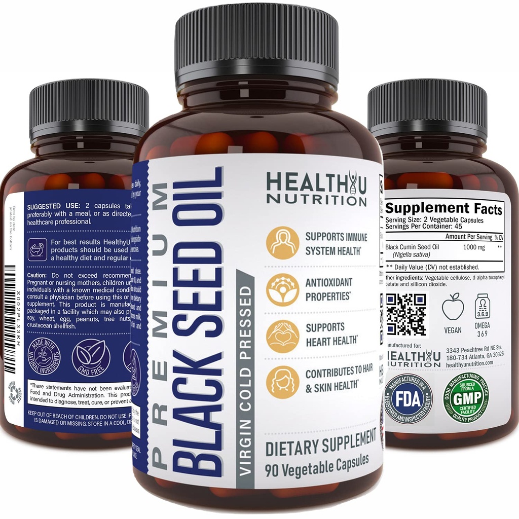 Premium Black Cumin Seed Oil Capsules - Jomfru kald presset Nigella Sativa Svart Seed Oil Piller - Immun støtte Supplement - Omega 3 6 9 Vitamin E Svartfrø for negler Håret 1000 mg p/Serving