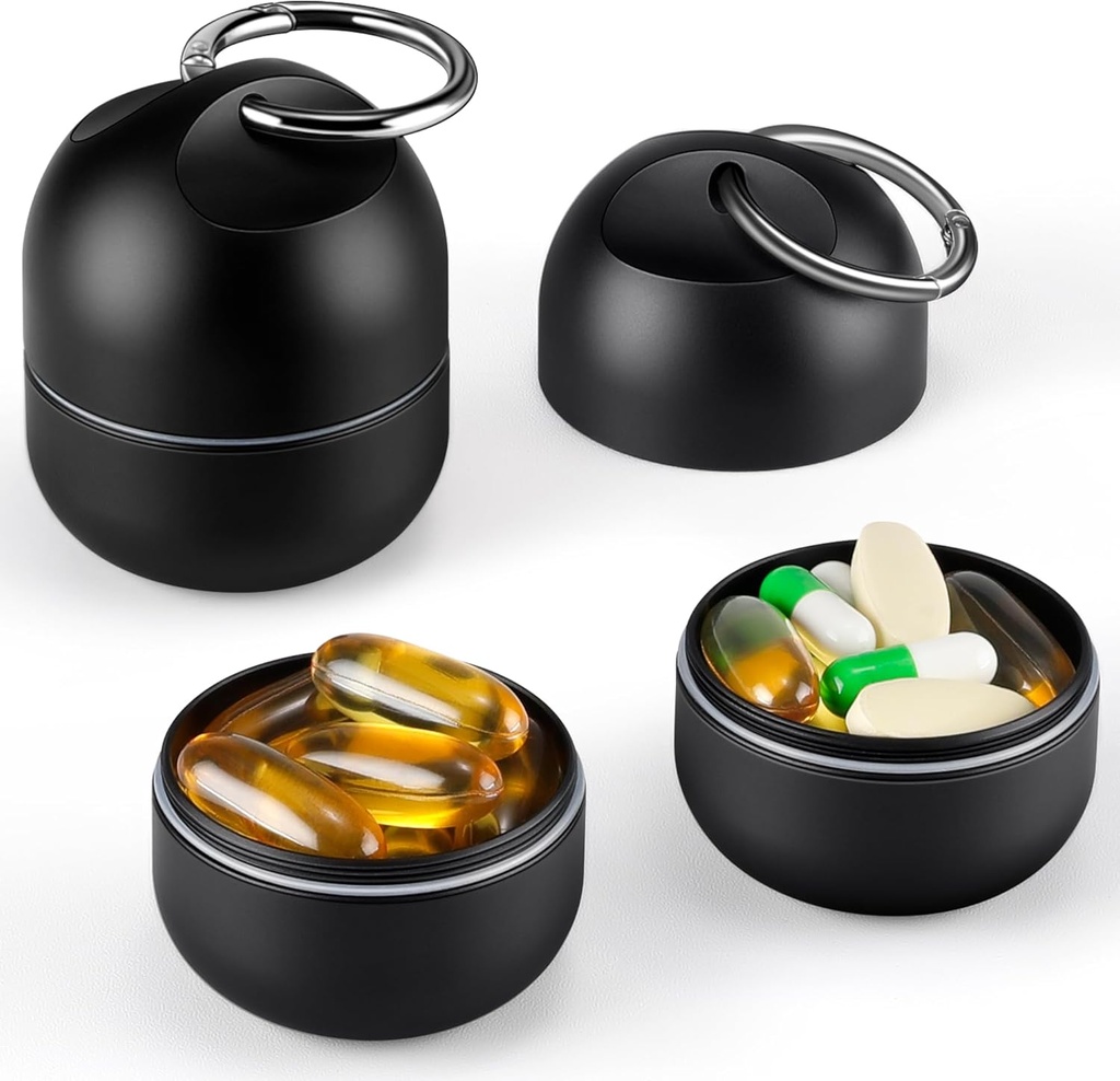 Zanaki liten bærbar enkelt pille boks Keychain - Metal Daily Reise Pille Organizer tilfelle, vanntett pilleholderflaske, søt medisin vitamin supplement container Carrier for lomme eller purse, svart