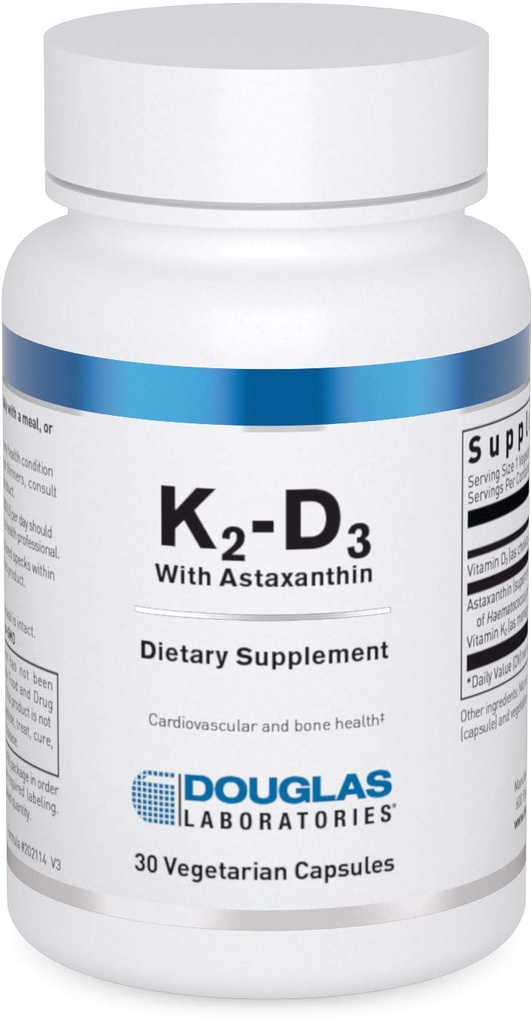 Douglas Laboratories K2-D3 med Astaxanthin - Antioksidant støtte for bein, immunfunksjon og vaskulær helse* - Med Menaquinon-7 & D-vitamin - 30 vegetariske kapsler
