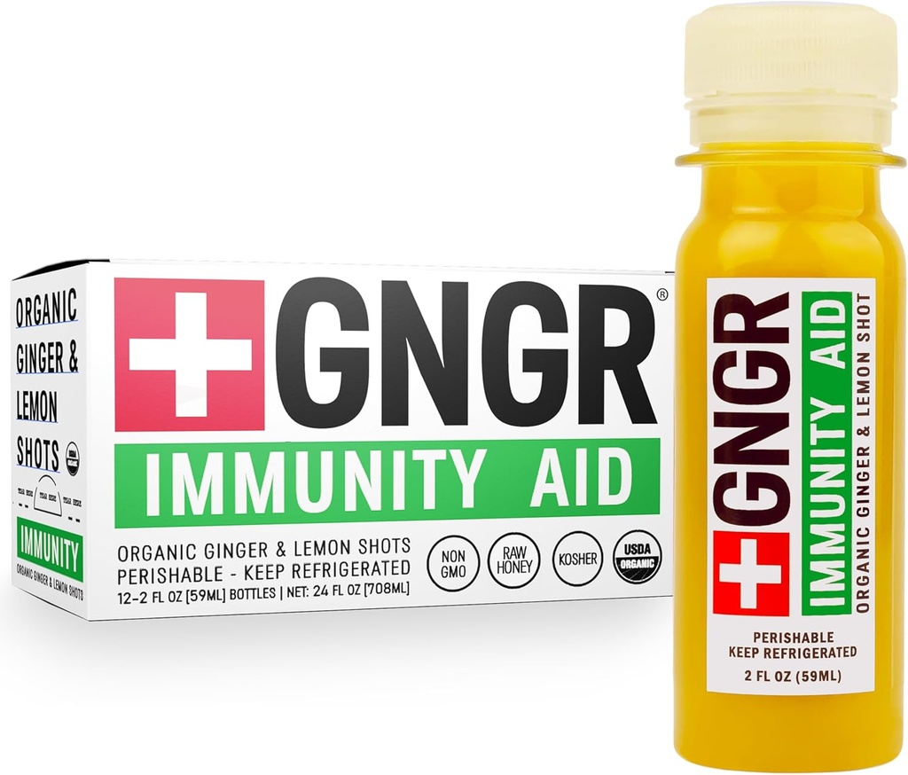 +GNGR immunitetshjelp Organisk Ginger, sitron & honning Shot - kaldt presset Ginger Shots med Echinacea, sitron juice, honning, sink & vitamin D3, immun & Digestiv støtte 2 fl oz (pakke av 12)