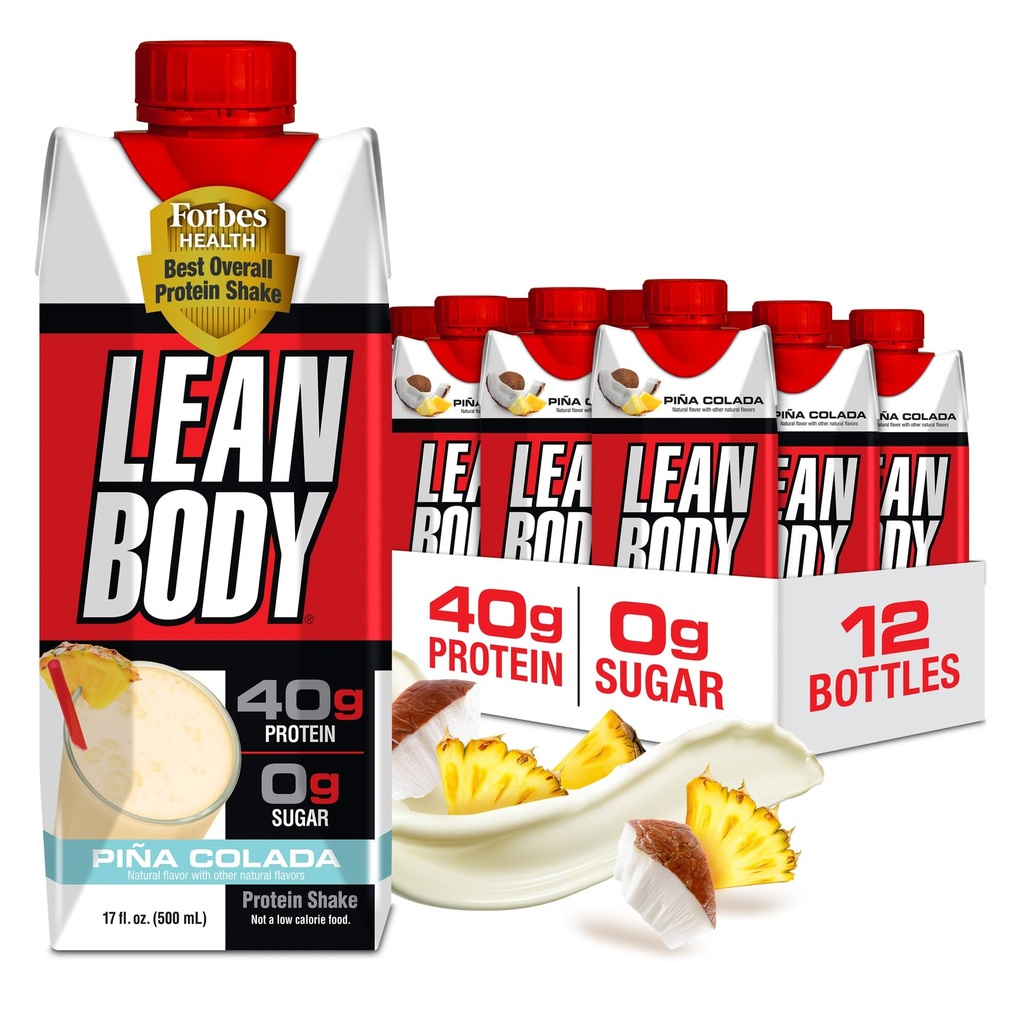 Lean Body Ready-to-Drink Pina Colada Protein Shake, 40g Protein, Whey blanding, 0 Sukker, Glutenfri, 22 Vitaminer og mineraler, 17 Fl Oz (Pack of 12)