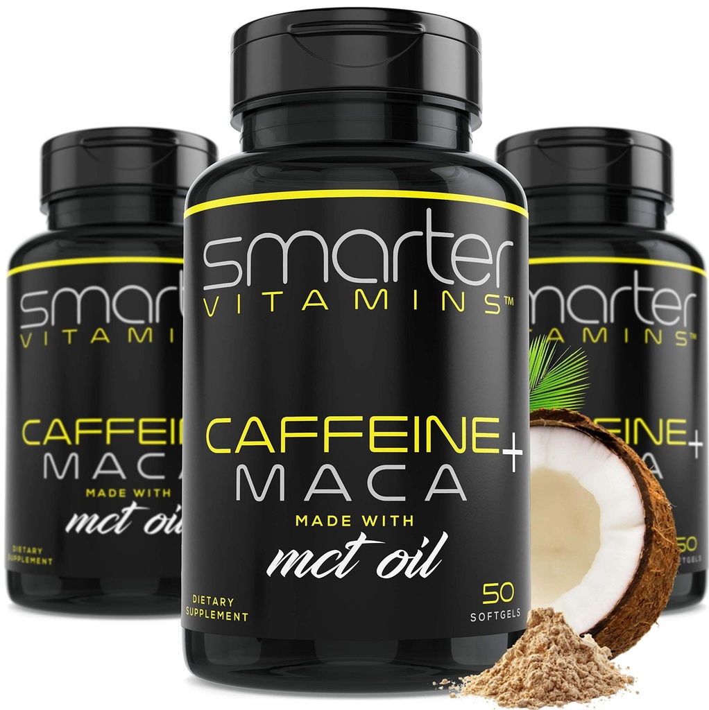 (3 Pack) Smartere energipiller, 200 mg koffein & kokosnøtt MCT Olje med Maca Root, 150 flytende softgels