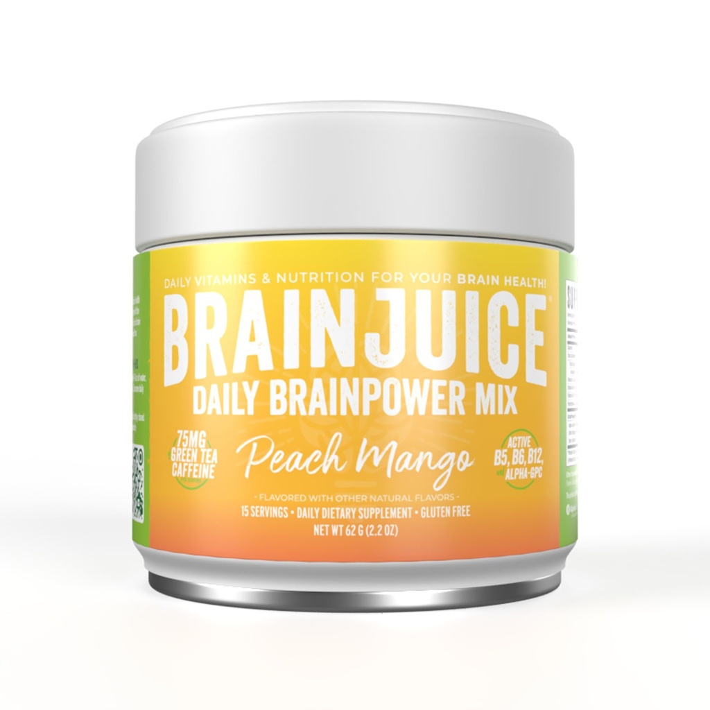 BrainJuice Nootropics Brain Support Supplement, Glutenfri pulver for energi og fokus, Drikkeblanding med L Theanine, Alpha GPC, Vitamin B, Organisk Grønn Te Ekstrakt Koffein, Peach Mango, 15 Services