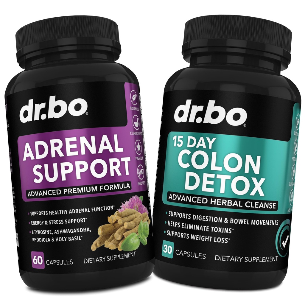 DR. BO Adrenal Support & Colon Cleanse kosttilskudd - Adrenal tretthet Supplement med Ashwagandha & L Tyrosin - 15 dagers intestinal rengjøring piller for Bowell Movement Support & Gut mage rengjøring
