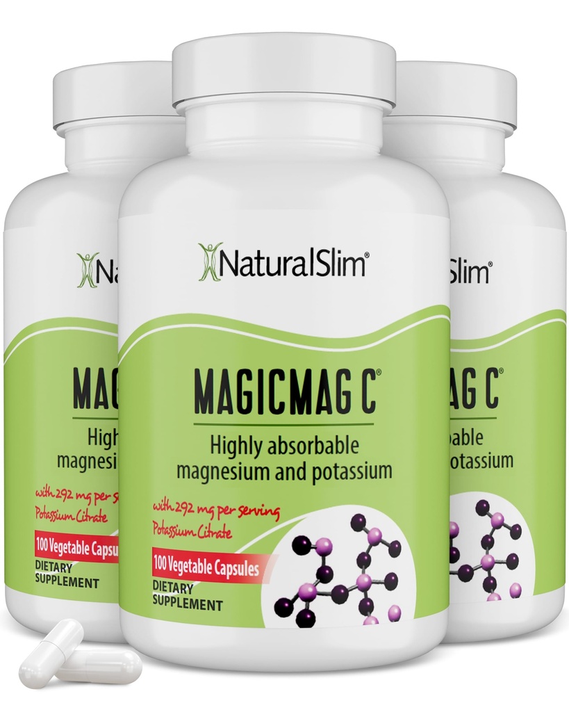 MagicMag C av NaturalSlim, Magnesium Citrat med Kalium for muskelavslapning, søvnkvalitet, nervefunksjon og elektrolyt støtte, daglig magnesium Supplement for menn og kvinner, 100 kapsler 3pk