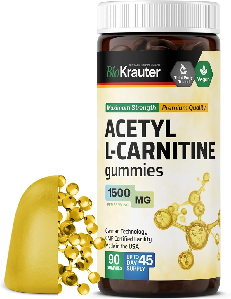 BIO KRAUTER Acetyl L karnitin gummies - 1500 mg styrke - 90 Vegan Chews - Aminosyre Acetyl L karnitin Supplement - Pektin-basert, ikke-GMO